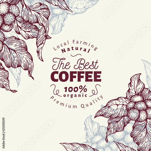 Coffee tree banner template. Vector illustration. Vintage coffee background. Hand drawn engraved style illustration.