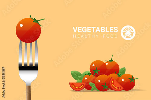 Fresh tomato on fork with pile of tomatoes background , healthy food concept , vector , illustration