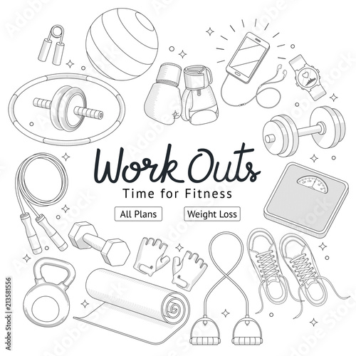 Fitness workouts hand drawn style. Vector illustrations.