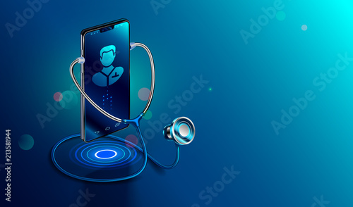 Doctor online concept. Icon Doctor through the phone screen using stethoscope checks health. Online medical clinic communication with patient. Vector isometric illustration.