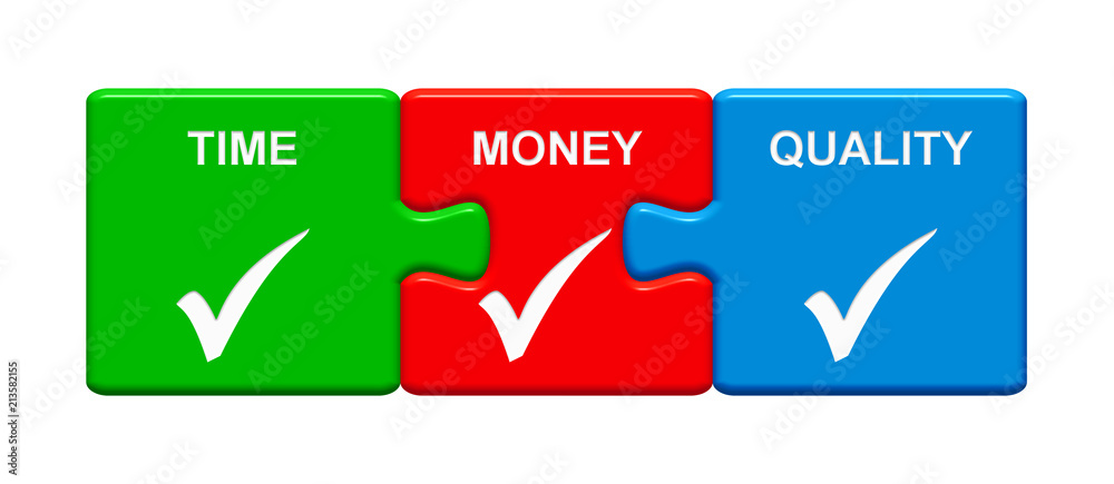 3 Puzzle Buttons zeigen Time Money Quality