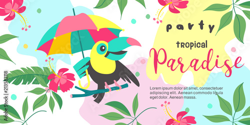 Hello summer. Party tropical Paradise. Vector illustration  invitation to a party with a cute Toucan bird.