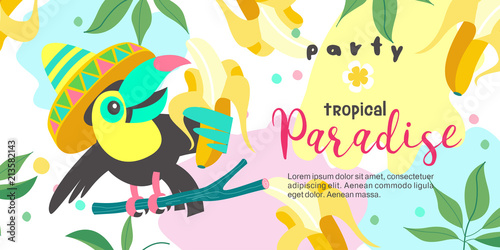 Hello summer. Party tropical Paradise. Vector illustration  invitation to a party with a cute Toucan bird.