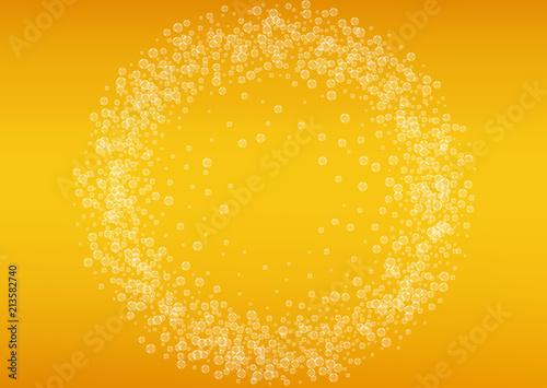 Beer background with realistic bubbles.  Cool beverage for restaurant menu design, banners and flyers.  Yellow horizontal beer background with white foam. Cold pint of golden lager or ale.