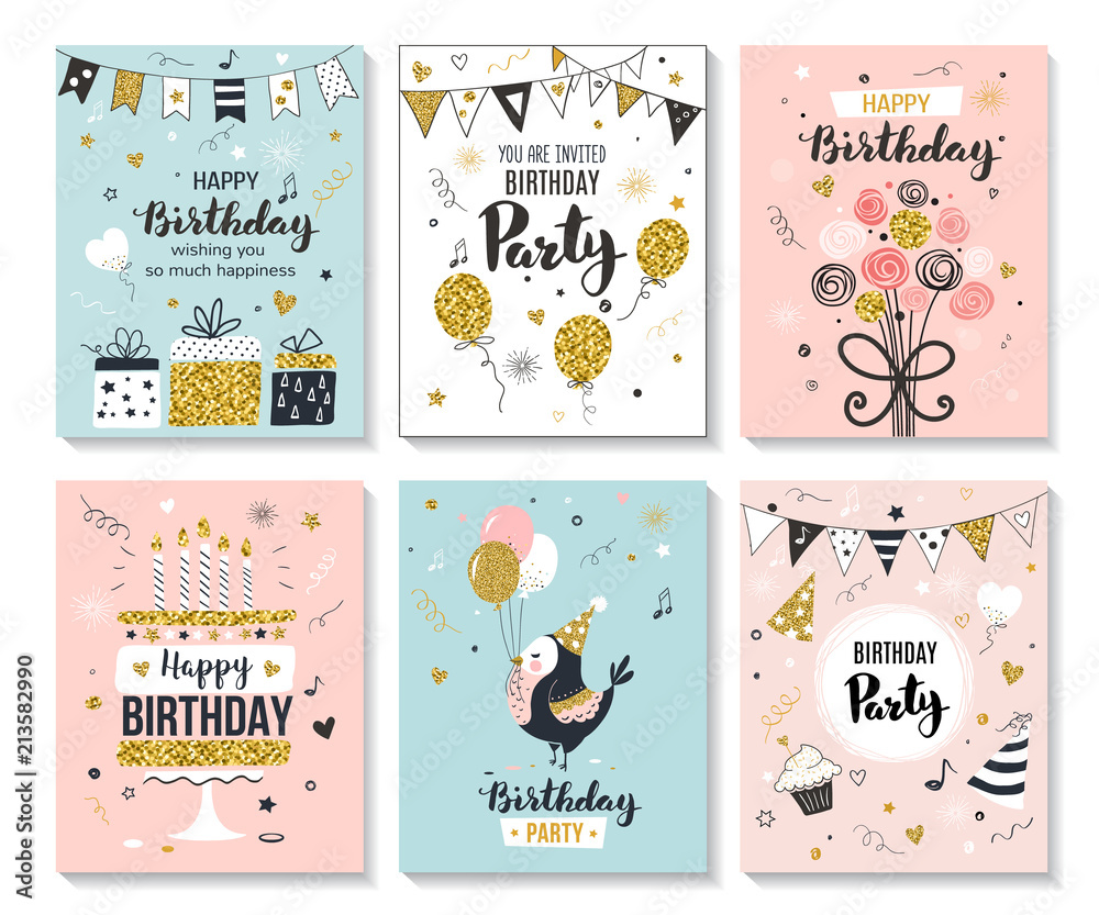 Happy birthday greeting card and party invitation templates, vector illustration, hand drawn style.