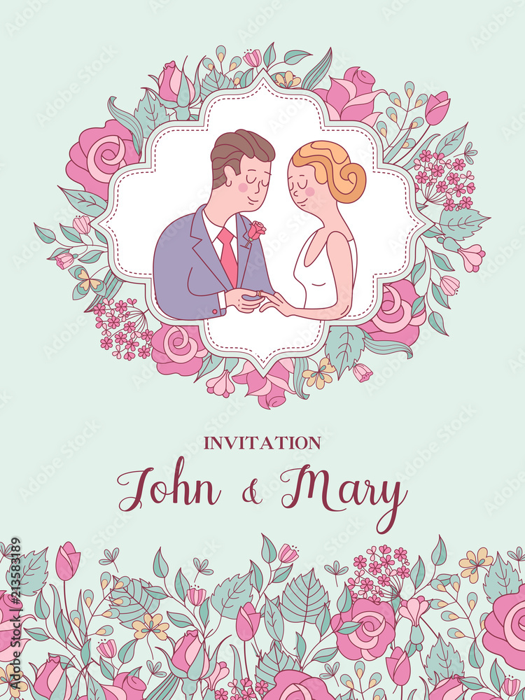 Wedding invitation. Lovely wedding card with the bride and groom. Vector illustration. Wedding invitation. Lovely wedding card with the bride and groom. Vector illustration.