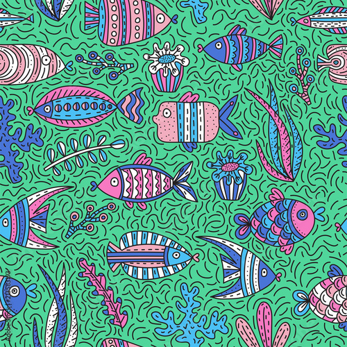 Seamless pattern with cute fishes and seaweeds