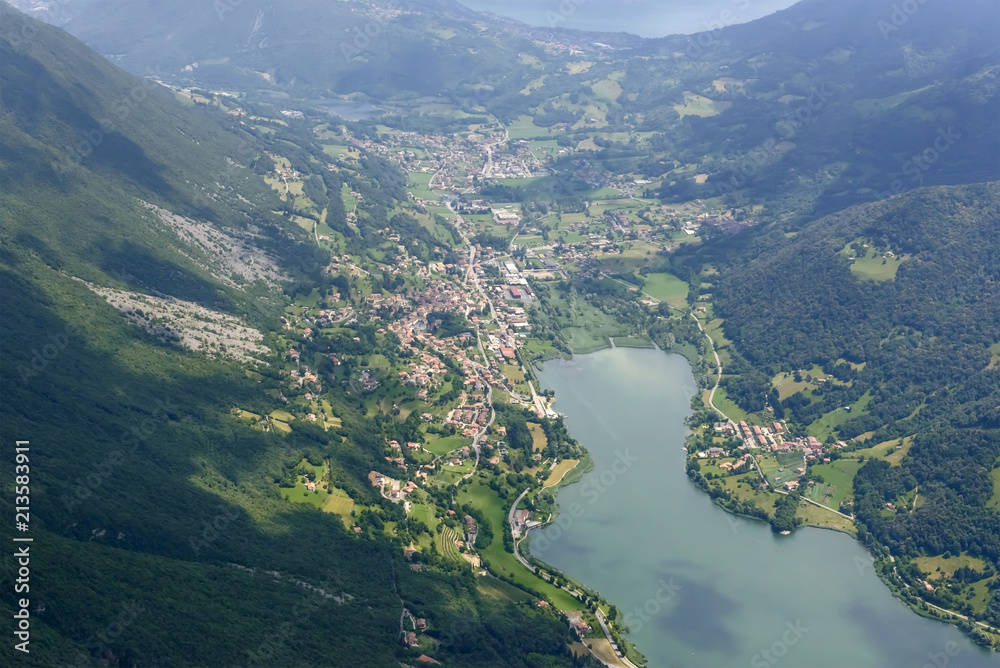 aerial of Gaiano village on eastern side of Endine lake , Italy