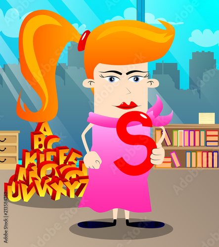 Girl in speech therapist office. Vector cartoon character illustration.