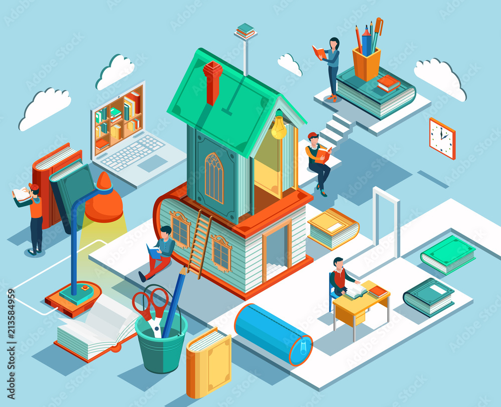 The concept of reading books and learning in the library.Isometric flat design. Illustration