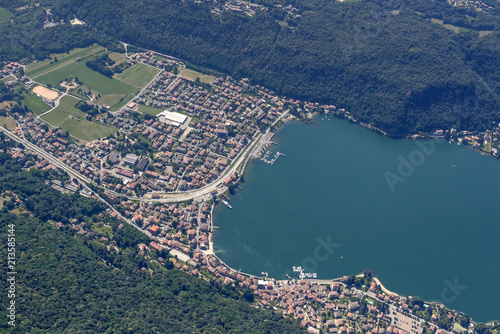 aerial of Porto Ceresio village on Lugano lake  Italy