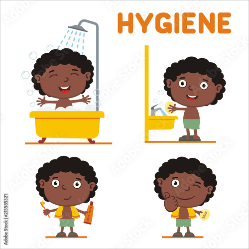 Collection of little boy for rules of child hygiene: showering, washing hands, brushing her teeth.