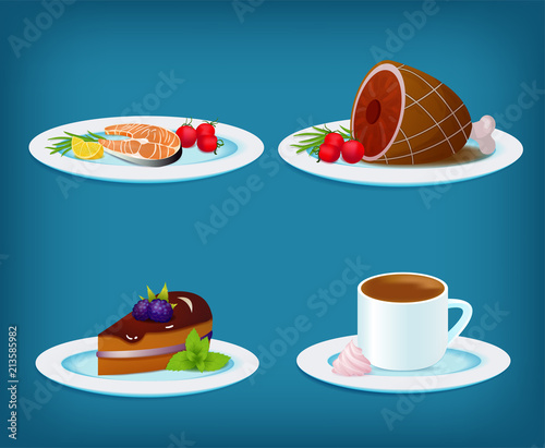 Food Set with Grilled Fish, Meat, Dessert Cake and Coffee