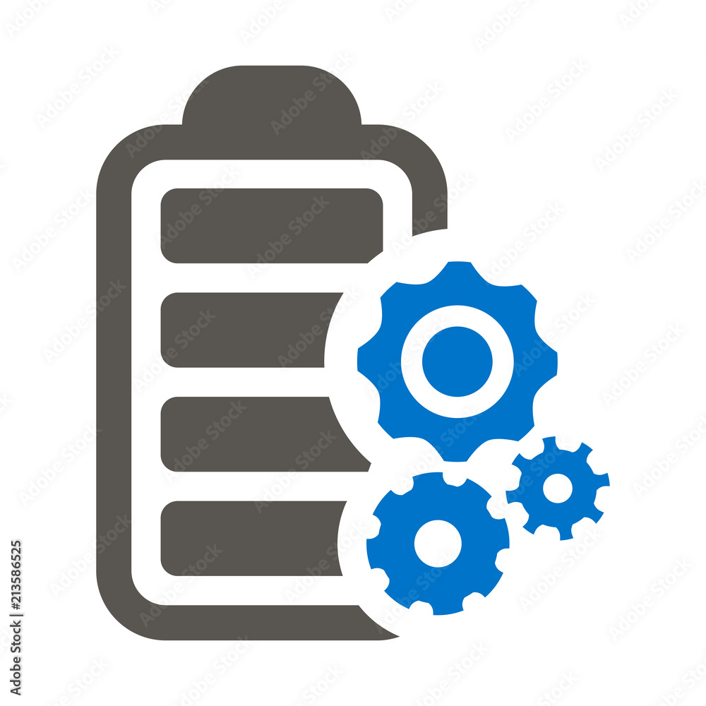 Battery with gear mechanism icon. Fast charge batteries process illustration. Li-ion cogwheel Logo.