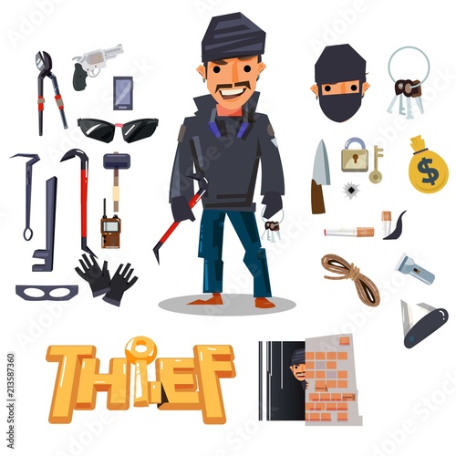 thief character design with tools. logotype - vector