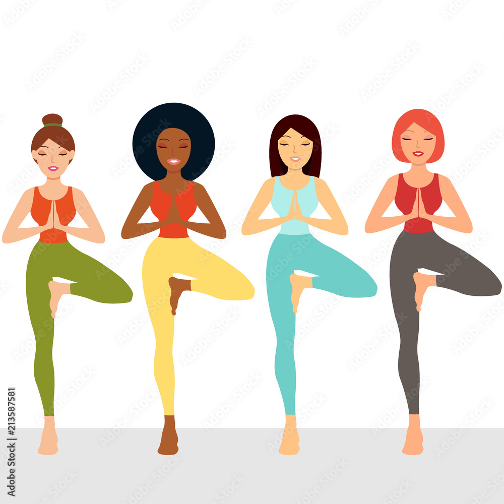Multi ethnic female friends exercising yoga Multi ethnic female friends exercising yoga