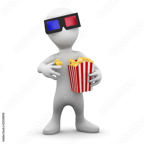 Vector 3d Person eats popcorn at 3d movie