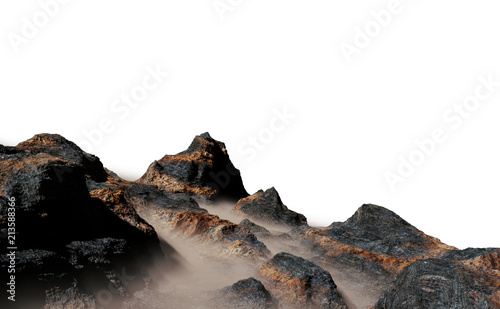 beautiful mountain range with low crawling clouds isolated on white background