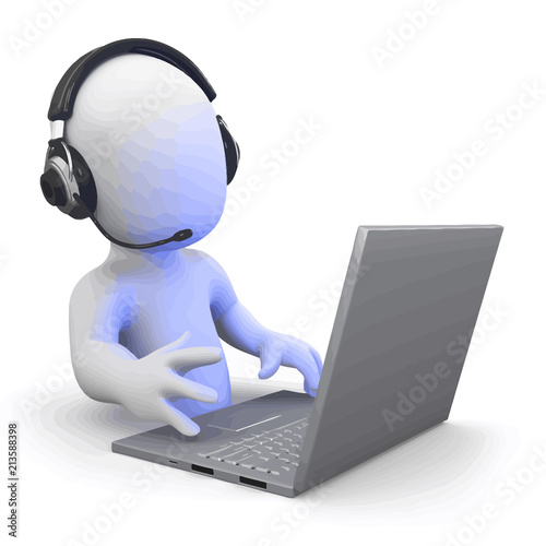 Vector 3d Little man works in a call centre