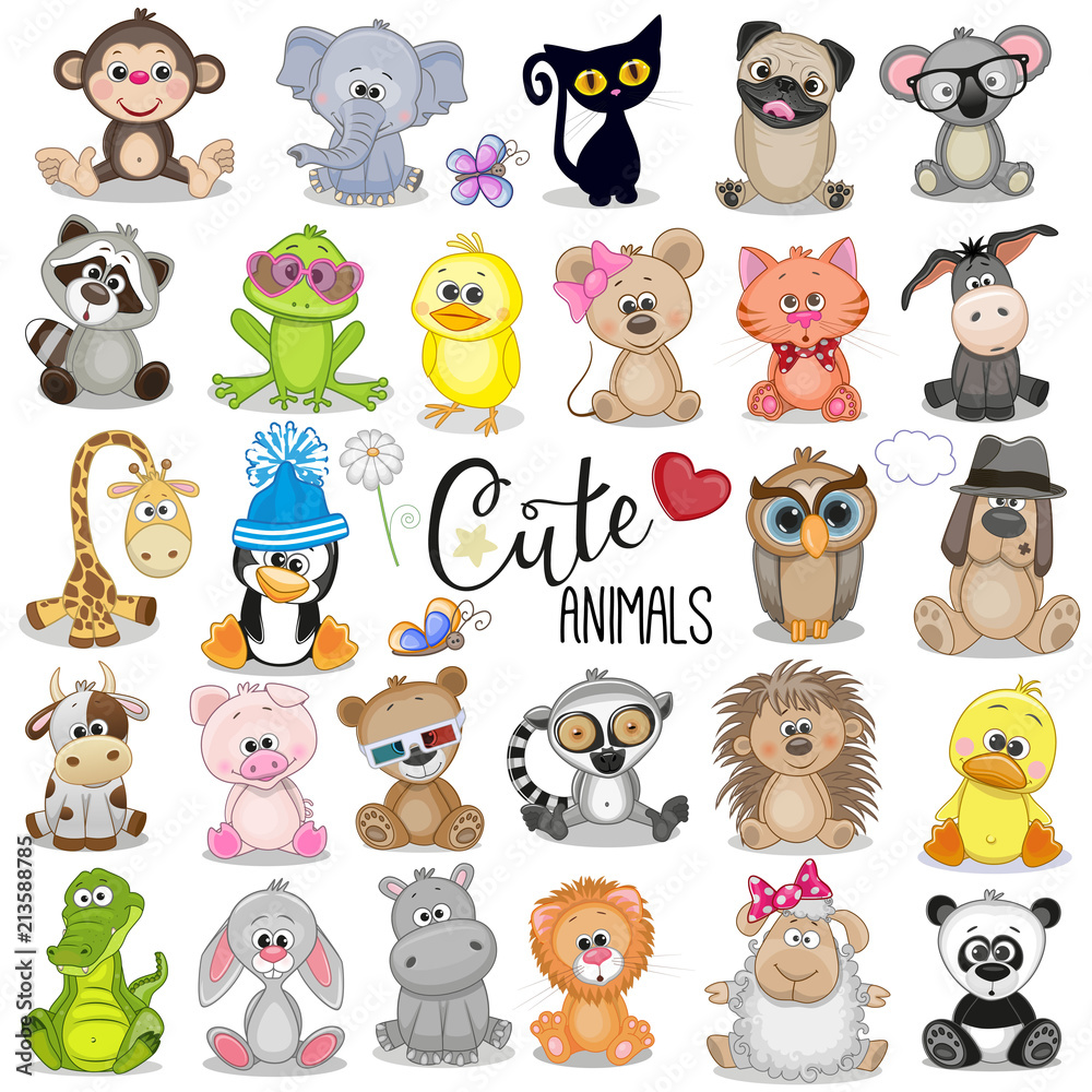 Set of Cute Cartoon Animals Stock Vector | Adobe Stock