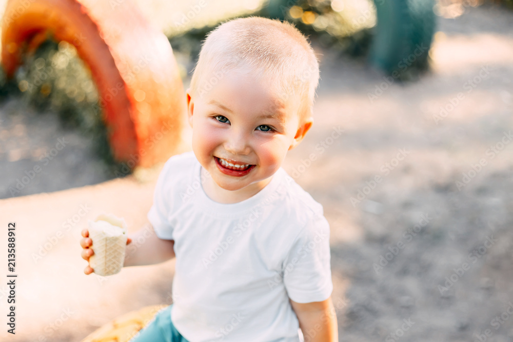 cute happy toddler boy sitting in park with ice-cream in hand and smiling cute happy toddler boy sitting in park with ice-cream in hand and smiling