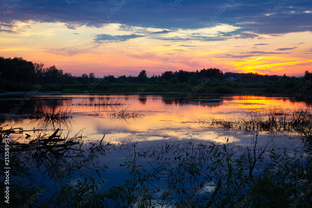Fototapeta premium Summer evening landscape, lake view