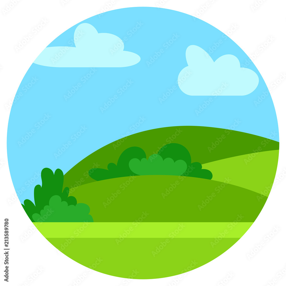Natural cartoon landscape in circle. Vector illustration in the flat style with green hills, blue sky  and clouds at sunny day.
