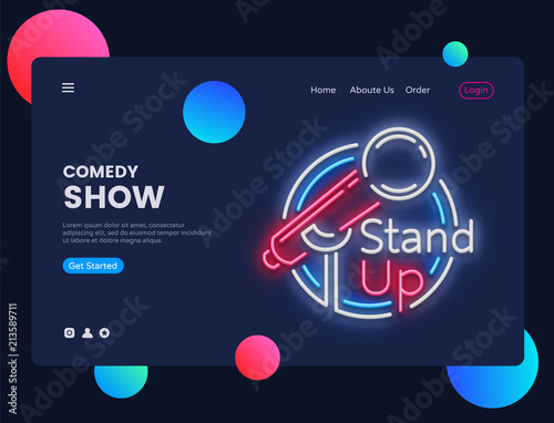 Stand Up neon creative website template design. Stand Up Neon Sign Vector illustration, Comedy Show concept for website and mobile apps, business apps, marketing, neon banner