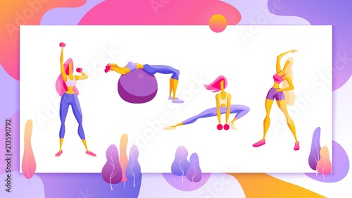 Woman workout fitness, pilates, aerobic Set of girls doing exercise, jogging Vector