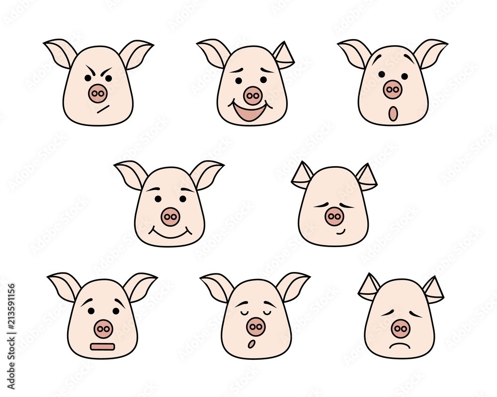 Obraz premium Pig head with different emotions, meme, icon. Single, vector images. Black outline. Pink color