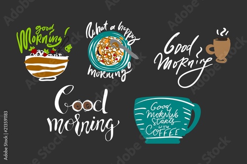 Breakfast illustration. Hand drawn poster. Good morning 