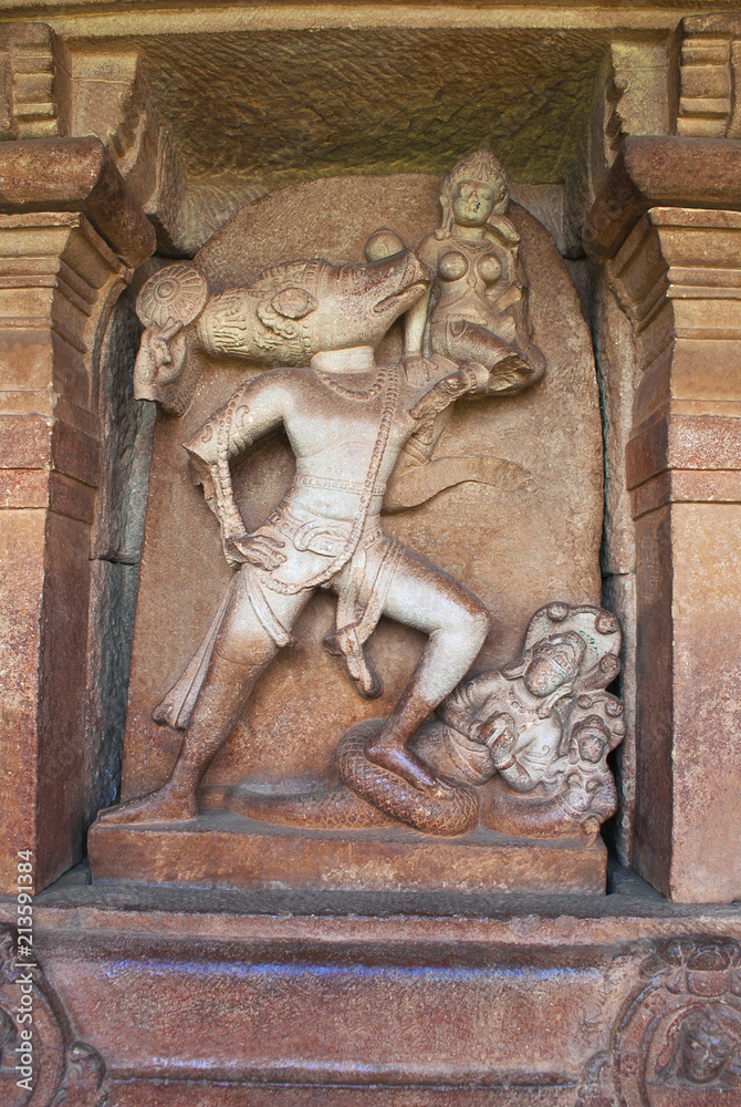 Carved figure of lord Vishnu, Varah Avatara in the corridor, Durga temple, Aihole, Bagalkot, Karnataka. The Galaganatha Group of temples.
