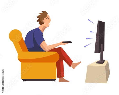 Man addicted from TV programs sits on soft couch