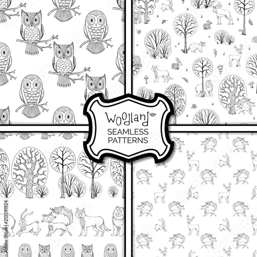 Set of vector woodland seamless patterns.