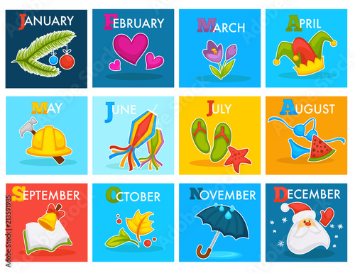 Vector calendar with cartoon seasonal symbols