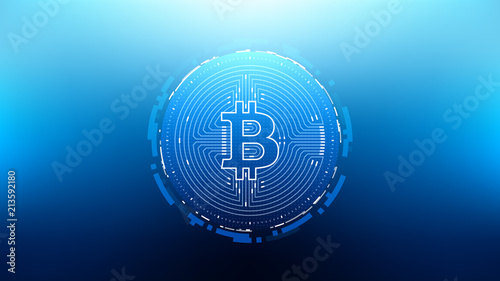 Cyberpunk Bitcoin Futuristic Sci-Fi Technology Cryptocurrency Textured Coin Hi-Tech Illustration. Isolated on Blue Mesh Background