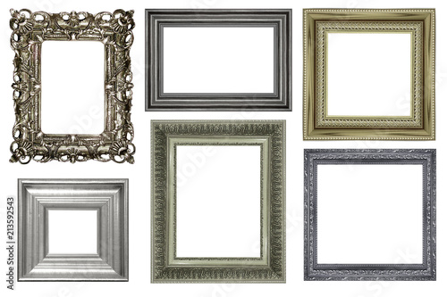 collection of vintage silver and wood picture frame, isolated on white