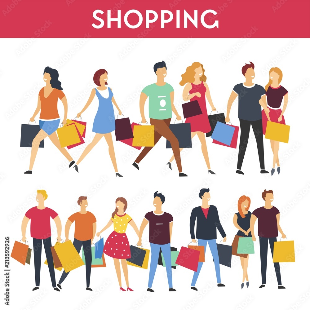 People with shopping bags vector icons