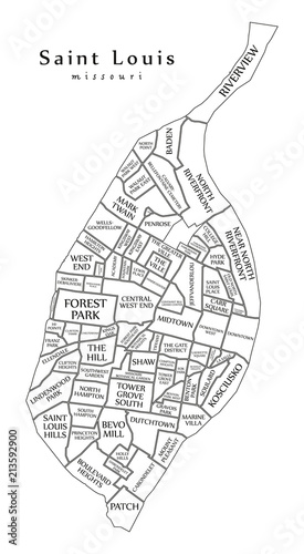 Modern City Map - Saint Louis Missouri city of the USA with neighborhoods and titles outline map