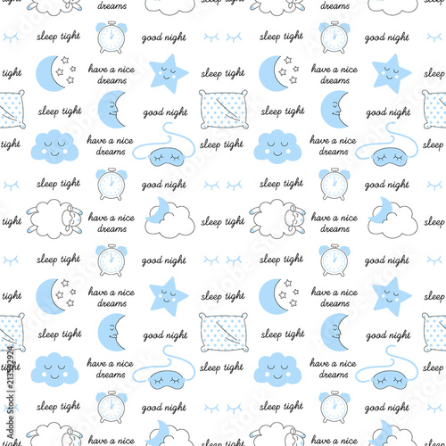 Blue sleep time sketch seamless vector pattern.