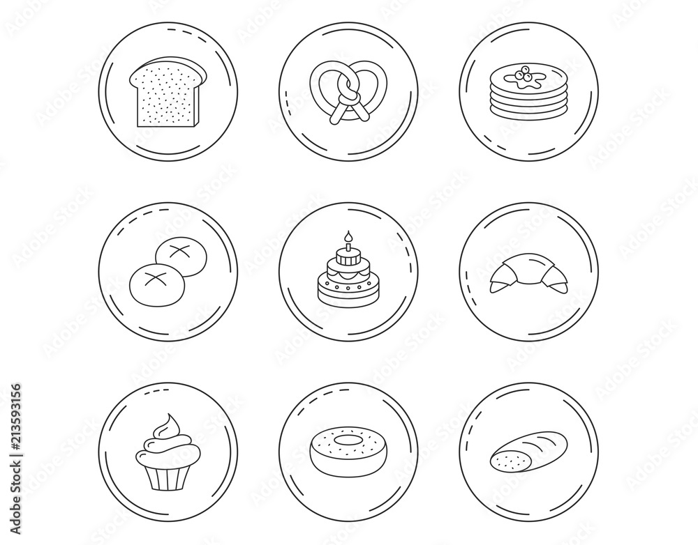 Croissant, pretzel and bread icons. Cupcake.