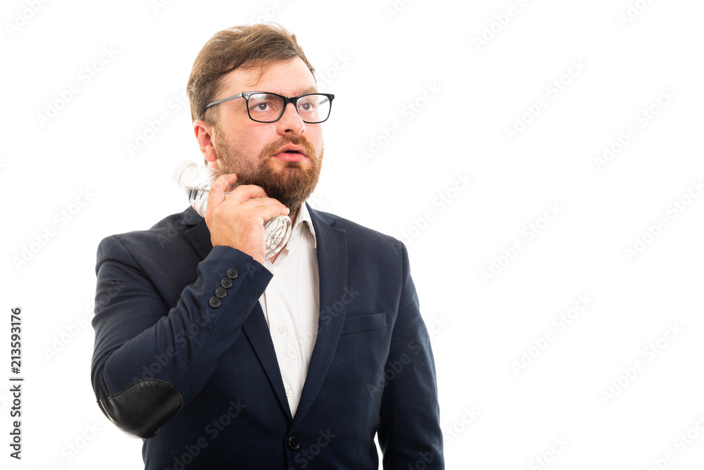 Portrait of business man cooling with bottle of water gesture. Portrait of business man cooling with bottle of water gesture.