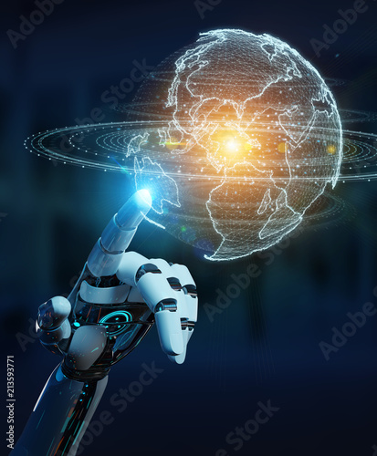 White robot hand using globe network hologram with America Usa map 3D rendering