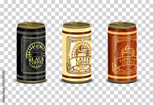 Tin can and label of coffee beans with isolated background