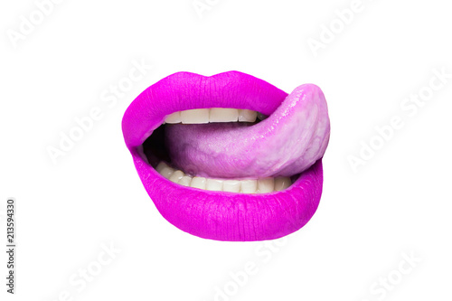 Female lips with purple lipstick and sticking out tongue on white background close-up