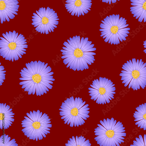 Purple Aster, Daisy Seamless on Red Background