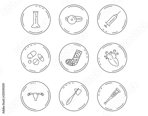 Syringe, beaker and pills icons. Medical signs.