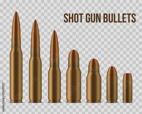 Creative vector illustration of realistic shot gun bullets, holes isolated on transparent background. Art design different gunshot and caliber of weapon. Abstract concept graphic gun ammo element