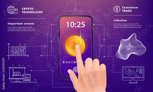 Crypto online commerce. Mining bitcoin technology on autonomic computing program and trade platform. Trendy design in awesome really style.