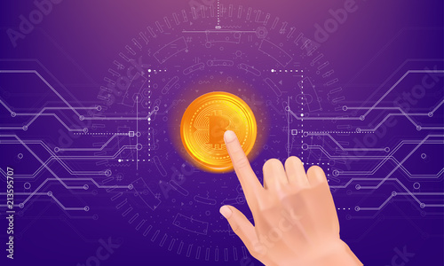 Crypto online commerce. Mining bitcoin technology on autonomic computing program and trade platform. Trendy design in awesome really style.